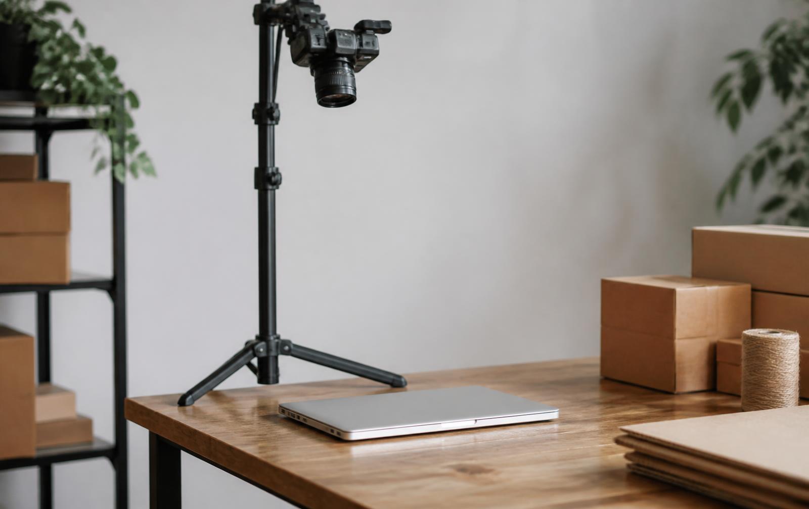 Fixed camera on a stand capturing a laptop at a merchant packing table