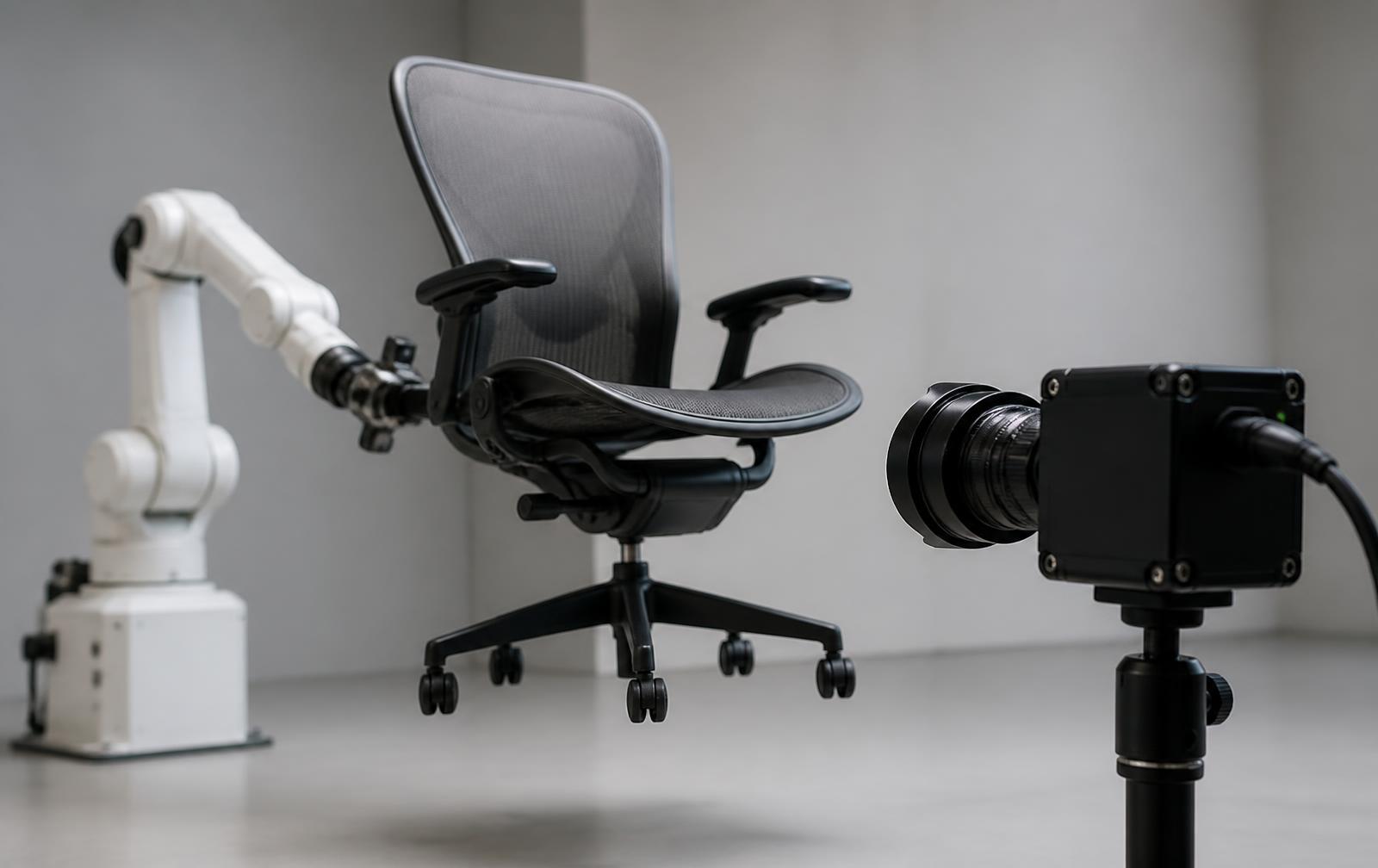 Robotic arm handling an office chair while a vision camera captures it